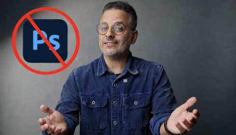 Man in denim shirt gesturing while standing in front of a red prohibition symbol over a Photoshop logo