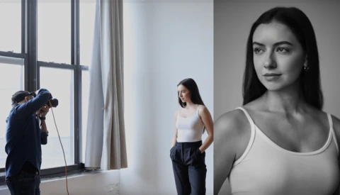 Photographer shooting a woman in a white tank top beside a bright window, with a black-and-white portrait of her at right.