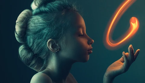 Profile of a woman with styled upswept hair reaching toward a glowing orange curved light form against a dark teal background.
