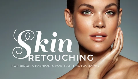 Woman with retouched skin touching her face against a gray background.