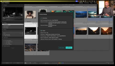 Screenshot of Adobe Lightroom interface showing library module with image grid and export settings dialog open.