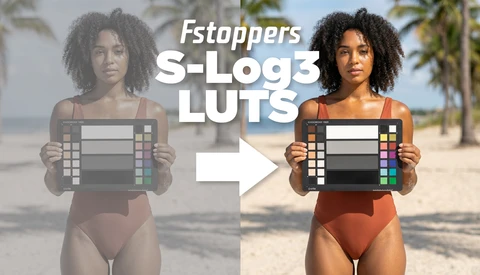 Graphic comparing before and after color grading with S-Log3 LUTs applied to a beach portrait
