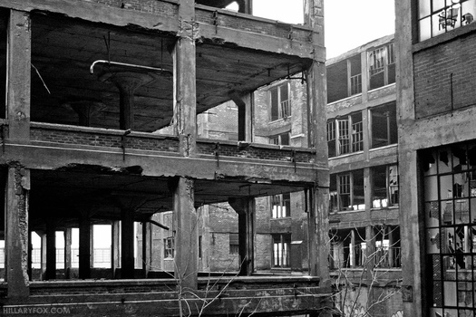 A view from within an expansive abandoned industrial complex in Detroit. Photo by Hillary Fox. A view from within an expansive abandoned industrial complex in Detroit. Photo by Hillary Fox.