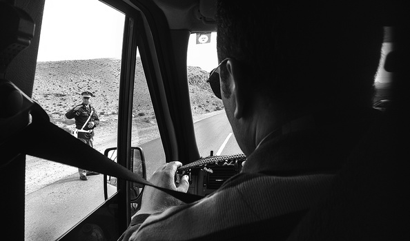 A roadside police checkpoint in Morocco near the Algerian border. Photo by Hillary Fox. A roadside police checkpoint in Morocco near the Algerian border. Photo by Hillary Fox.