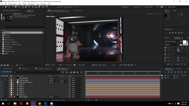 Completed scene with a 3D camera and lights to finish building the environment. After Effects R2D2 Element 3D Video Copilot Star Wars