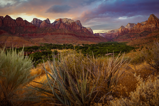 A sunset image of Zion National Park in Southern Utah. sunset image of zion national park in southern utah