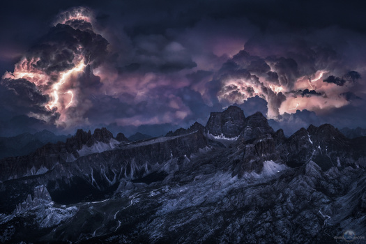 Intense Lightning over Cinque Torri, Dolomites