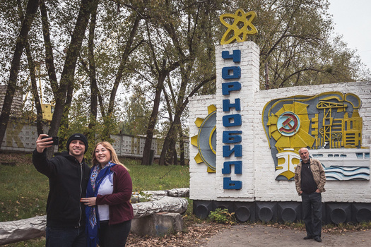 The sign as you enter the town of Chernobyl, a popular stop-off for busloads of tourists. Image by Andy Day. The sign as you enter the town of Chernobyl, a popular stop-off for busloads of tourists. Image by Andy Day.