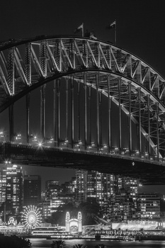 Harbour Bridge cityscape, night, black and white, architecture, bridge