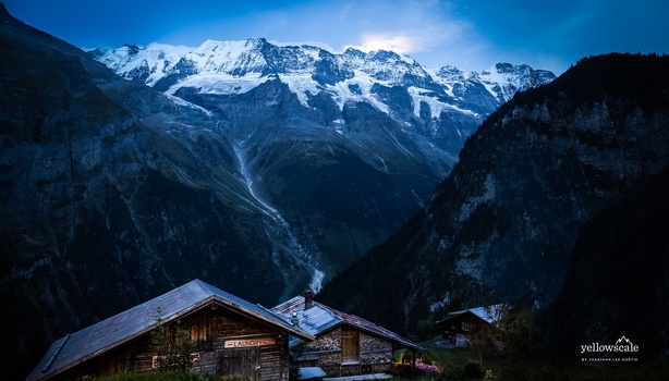 Moonlit Jungfrau over the Swiss hilltown of Gimmelwald. Moonlit Jungfrau over the Swiss hilltown of Gimmelwald.