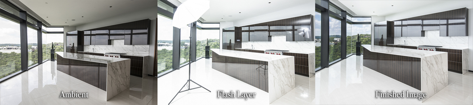 a triptych diagram of an ambient, flash and blended interior image with the Streaklight flash