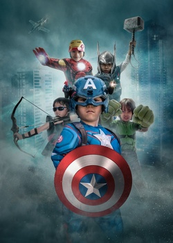 Composite Movie Poster of Julian Cadman in Marvel's Avengers costumes
