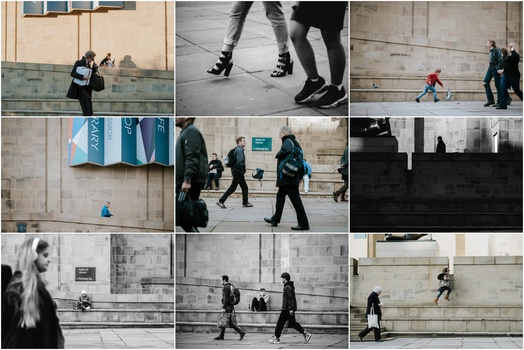 Learning how to photograph simple compositions and subjects. A collage of street photographs of people walking in the city.