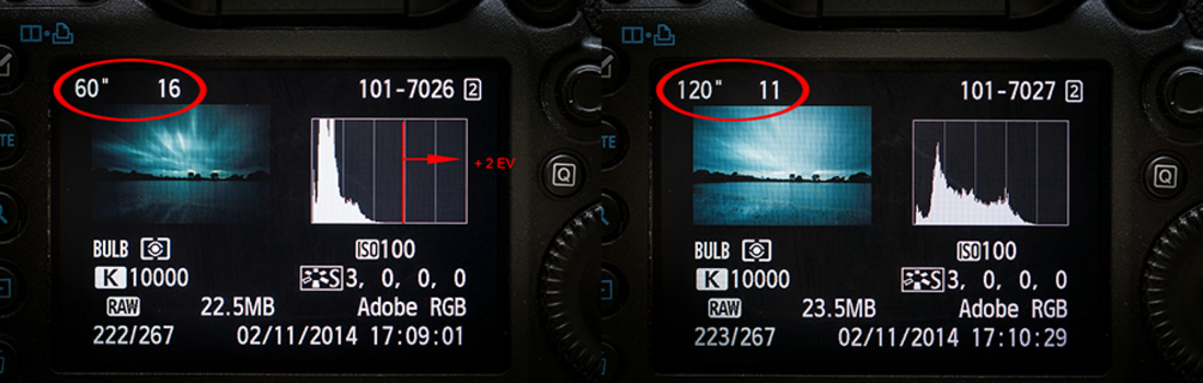 Using a ten stop neutral density filter can be tricky when determine the proper exposure time. The photo on the left is too dark and the histogram shows there is an improvement of two stops possible. Reading the histogram makes it possible to correct this