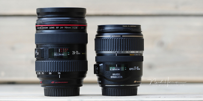 Two lenses; at the left the EF24-70mm and at right the EFs 17-85mm for crop. Although the minimum focal length of the EFs lens is shorter, is acts like a 27mm lens. These two lenses are basically the same, given that the EFs lens has a longer zoom range (