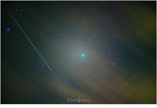 With a lot of luck: comet 46P/Wirtanen shines through the clouds and a beautiful Geminids meteor captured within the frame. (Sony A7R3 + FE 2.8/70-200 @ 200mm | ISO12800 | f/2.8 | 2 sec | stack of five images with one of them containing the meteor)
