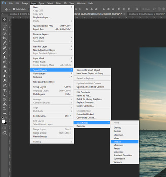 After the Smart Object is made, you can stack the layers in the Smart Object. The best result will be Median stack, but you can experiment with other stacking modes.
