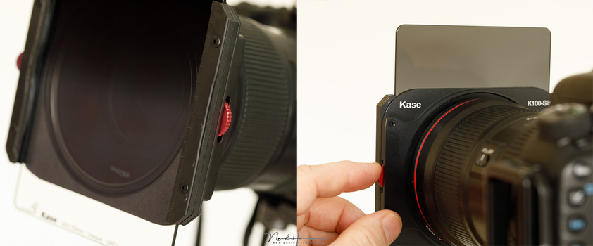 The Kase K100-Slimline filter holder has a red wheel that makes it possible to rotate the polarization filter when ND or GND fitlers are installed. The rotation is smooth and easy.