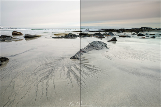 Two shots next to each other, at the left without filter, and at the right with the medium 0,9GND filter. The polarization filter was also installed. Both image received exactly the same post-processing. Any color cast is nearly invisible