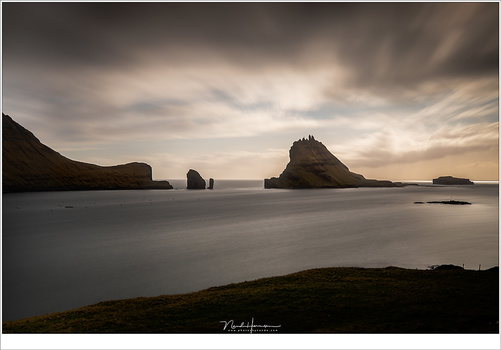 The island Tindhólmur at the Faroër Islands, A longer exposure made the movement of the water and clouds smooth, yet visible. (EOS 5D mark IV + EF24-70L @ 35mm | ISO100 | f/8 | 90sec with Lee Big Stopper)