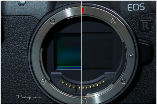 The sensor of the Canon EOS-R is protected when you turn off the camera. Unfortunately you need to turn the camera on again to use the viewfinder. With a DSLR you can always use the viewfinder.