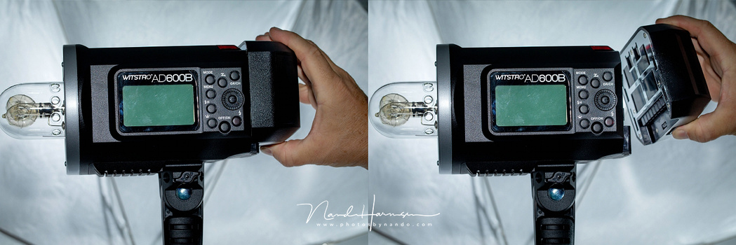 The battery of the Godox is large, but it holds a lot of power. To be able to plug in the power cord and continu to use the flash is the beauty of it. It is something I am missing with the Profoto B1 flash.