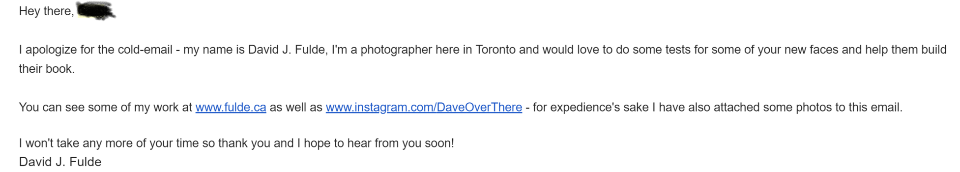 An example email I've sent to the person responsible for the New Faces board at a local agency An example email I've sent to the person responsible for the New Faces board at a local agency