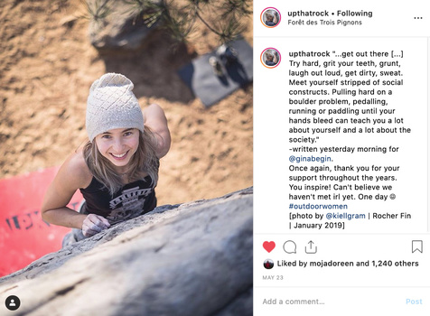 A fairly typical post by Instagram user @upthatrock. Her photographer, @kiellgram, is amazing. A fairly typical post by Instagram user @upthatrock. Her photographer, @kiellgram, is amazing.