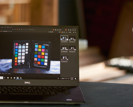 Dell XPS 15 tethered to Nikon D610 displaying X-Rite Color Checker Passport