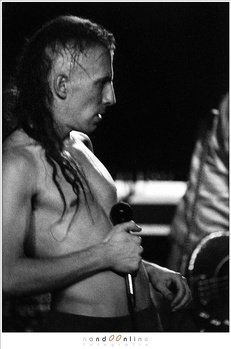 A scanned 400 ASA negative film that has been exposed as if it was ASA 1,600. A lot of grains are visible because of the forced development of the film. (Tool, shot on stage, live at Eindhoven, 1994)