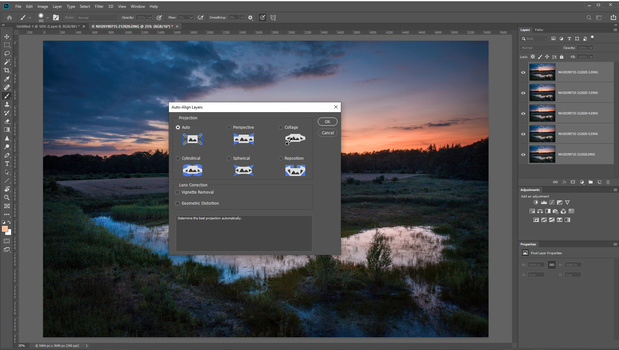 Select all layers and choose auto-align from the menu. This may be unnecessary for photos made from tripod. Because these are made with a drone, a slight misalignment may be present.