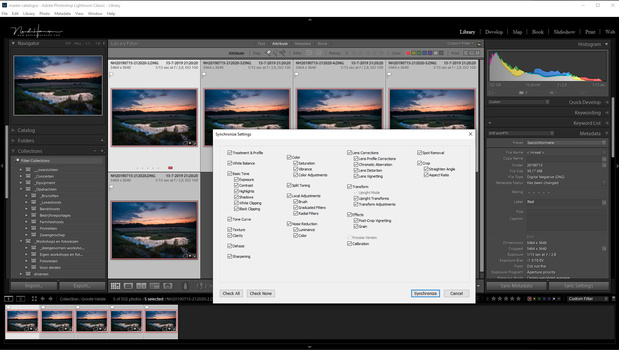 All five images will have the same post production before we continu stacking. Just process one of the five to your liking, and copy the settings.