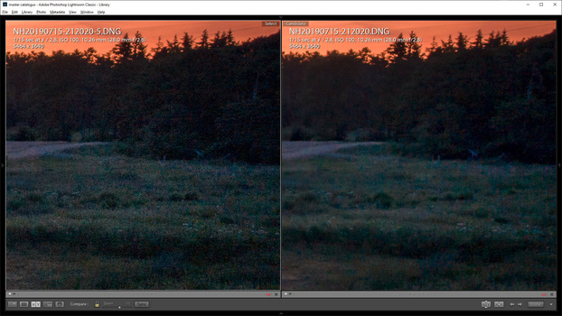 After post-processing a lot of noise is visible (left image). By reducing noise too much details are lost. This is not what we want. By stacking multiple images we can reduce noise and keep the details.