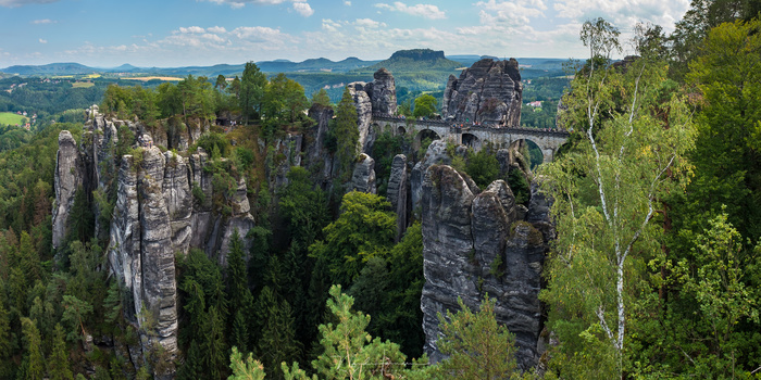The famous Bastei, shot with my Fujifilm. It is a handhold panorama, stitched in Lightroom. (Fujifilm X100t | 23mm | ISO200 | f/10 | 1/140 with -1EV)