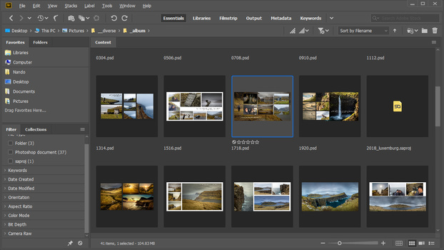 I made a Photoshop file for every spread. This is a small selection of the Faroe Islands vacation album. I will export these to JPEG and place it across the spread in the album software of the printing company.