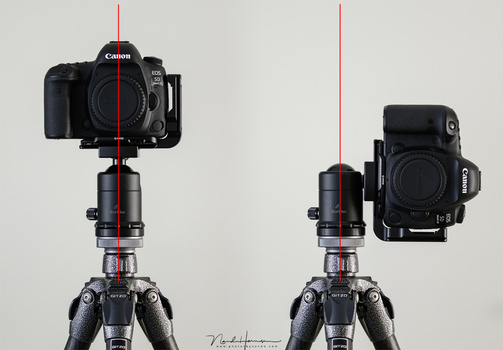 With a regular camera plate it is necessary to flip the camera to the side, placing it next to the tripod. Unless you use a sturdy tripod, the setup may become unstable. You also need to correct the composition offset.