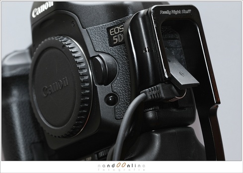 The camera specific L-brackets allow access to every port or connection on the camera. Just like the remote connected to this Canon EOS 5D, with the RRS L-bracket installed.