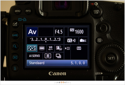 With Canon the settings for the image can be changed with the Picture Style menu. Different presents are available, one of which is monochrome. This example is the Q menu of the Canon EOS 5D mark III. It is set to a standard style by default.
