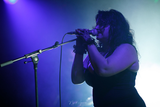 A recent concert photo of The Danse Society, without any post processing. The blue light makes it really difficult to judge a photo on the small LCD screen. By switching to black and white it will become easier to see if the image is useable (EOS 5D4 + 85