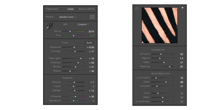 Contrast and sharpness adjustment panels in Lightroom