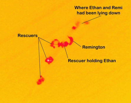 An aerial thermal photograph of a rescue mission