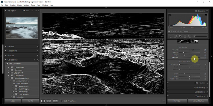 When you add sharpening to the image, the complete image will have that sharpening effect. By masking the sharpening effect, it is possible to apply sharpening to edges only. By pressing the alt key while applying the mask, this will be visible. Only whit