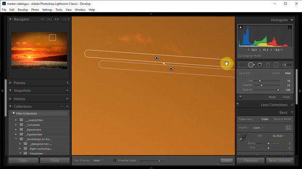 When using the clone tool, you can use straight lines by clicking once at the beginning of the line, press and hold shift, and click at the end of the line. A straight clone line will be applied.