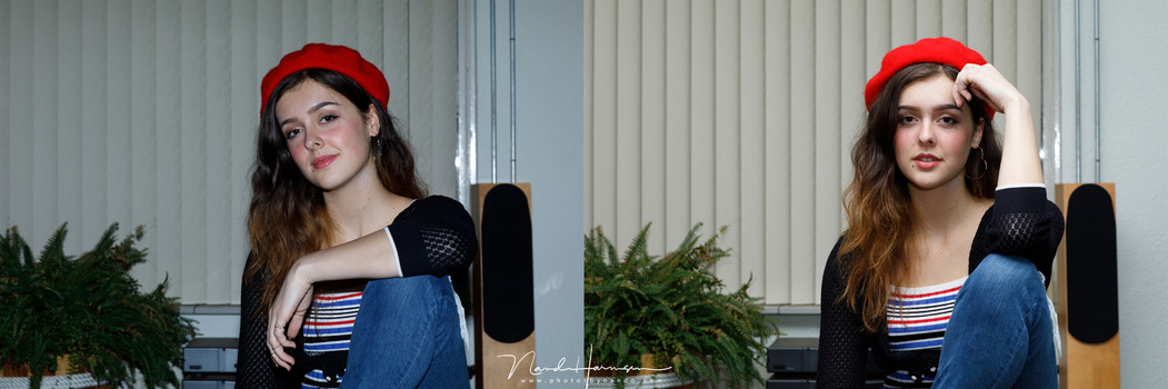 Bouncing flash can improve the result dramatically. The photo on the left is direct flash, the photo on the right is bounced off the left wall.