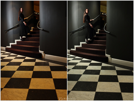 Blending two colors of light (flash and ambient) can give unwanted results, like in this example. By using a CTO color gel, I matched the flash light to the ambient light. By setting the camera white balance to artificial light, I got a better result.