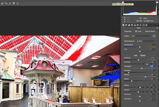 a screen shot of shadow and highlight clipping warnings in ACR