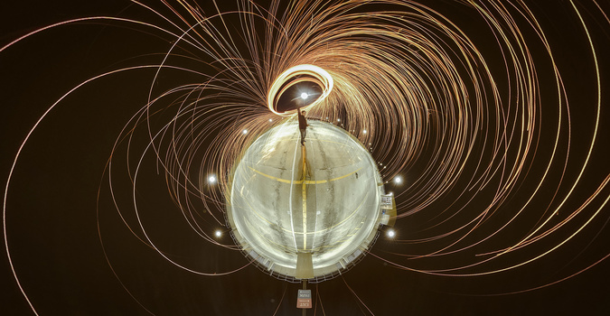Not just 360: While looking at content in 360, stills and footage captured from the camera can create interesting 2D content, like this "Little Planet" of a steel spin originally captured in 360. (Photo by Daniel Passapera, used with permission of the pho Not just 360: While looking at content in 360, stills and footage captured from the camera can create interesting 2D content, like this "Little Planet" of a steel spin originally captured in 360. (Photo by Daniel Passapera, used with permission of the pho
