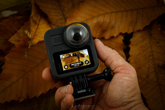 The GoPro MAX can be recognized very easy. But instead of one lens, this one has two. The MAX has a touchscreen also.