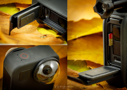 If you are looking for a way to charge the GoPro MAX, you need to open the small door on the side. There you can find the memory cardslot also.