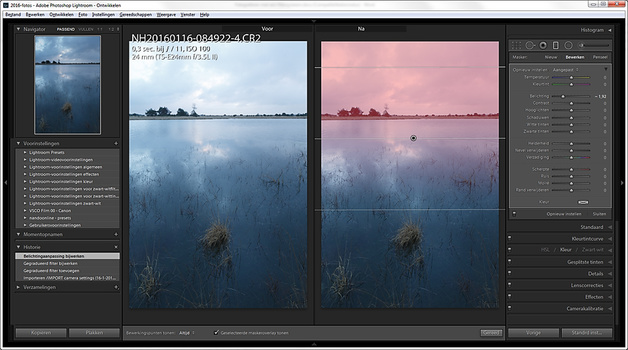 It is very simple to add a gradient onto an image in a post-production programm like Lightroom. The end result is similar to the use of a real filter on location. But this digital filter can easily be adjusted in any way, like making it an uneven gradient